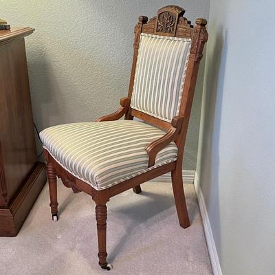  Antique Victorian Eastlake Style Parlor Chair with Light Blue and Cream Upholstery 