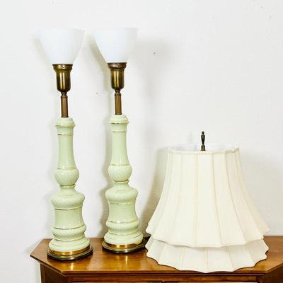 Gorgeous Pair of Pale Green Ceramic Table Lamps w/ Two Pairs of Shades 