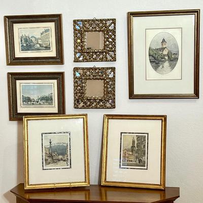 Gallery Wall -Set of Original Framed Etchings and Antique Mirror Set