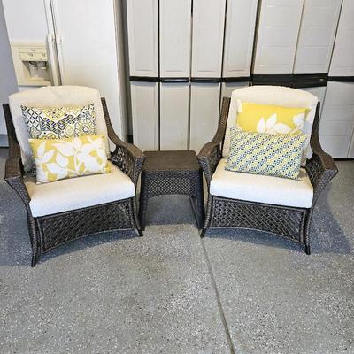  Outdoor Wicker Patio Chairs (Pair) with Cushions & Matching Side Table
