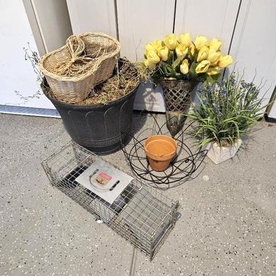 Garden Lot with Planters, Faux Flowers, Bunny Trap, and Baskets