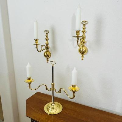 3 piece Vintage Brass Candle Holder Set - two-arm table candelabra and two single-arm wall sconces.