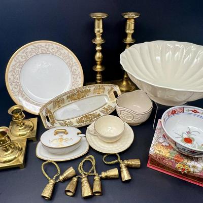  Vintage Mixed Lot: Porcelain Pieces, Brass Candlesticks & Decorative Tassels Napkin Rings