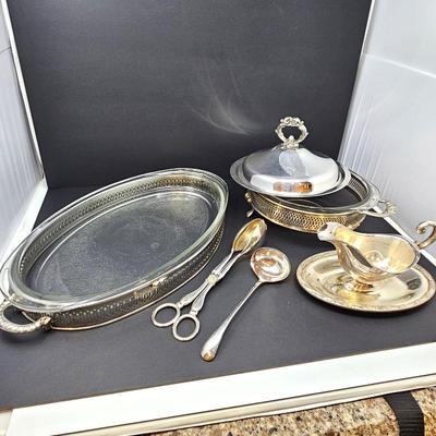  Silver Plate Serving Set with Glass Casserole Dishes , Salad Bowl & Gravy Boat