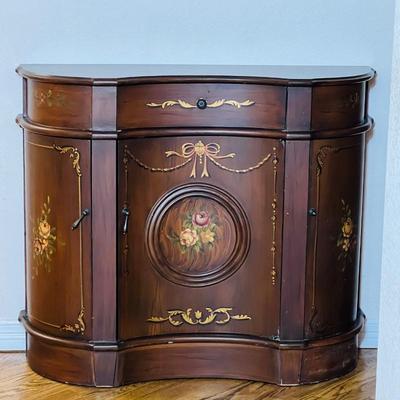 Victorian Style 36” Bowed Front Hand-Painted Sideboard CabinetGallery Wall -Set of Original Framed Etchings and Antique Mirror Set