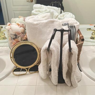 White Bath Towel and Bathroom Accessory Lot