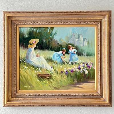 Vintage Carolyn Hughes Oil Painting of Women and Girls in Garden- 'The Iris Garden'