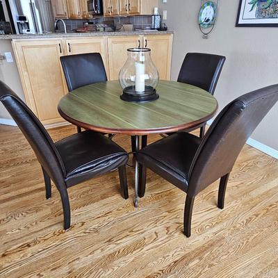 Round Wood & Iron Pedestal Dining Table w 4 Black Chairs 47” Diameter