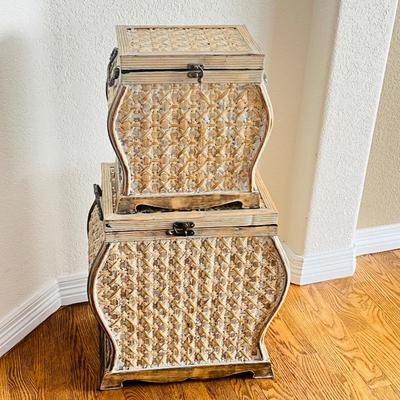  Set of Two-Piece Decorative Woven Rattan Storage Baskets with Wood Frame