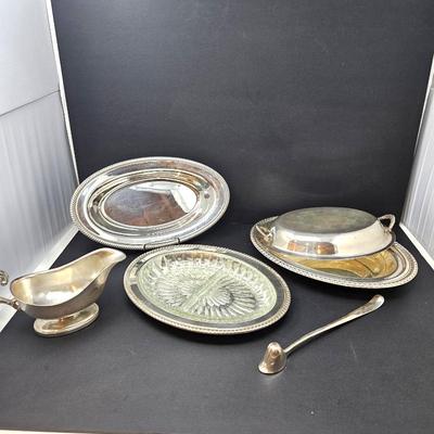 Silver Plate Serving Lot with Covered Casserole, Divided Glass Dish & Gravy Boat
