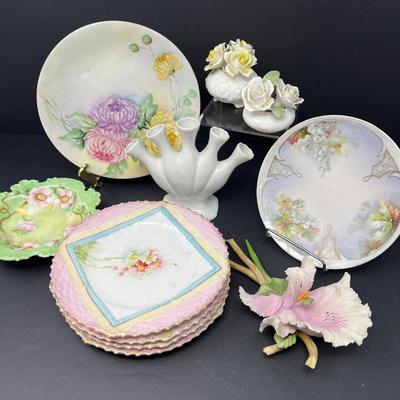  Antique Porcelain Plates, Capodimonte, Golden Crown floral sculptures