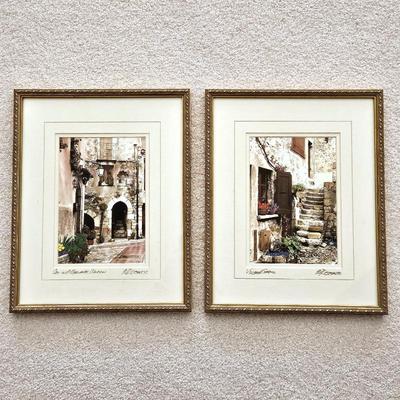 Signed Framed European Village Scene Lithographs – Set of 2 (Village Steps & Courtyard)