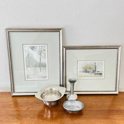 Framed Landscape Prints and Pewter Decorative Pieces 