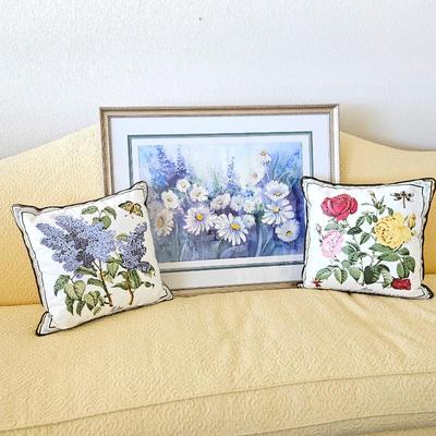 Watercolor Floral Framed Print with Two Throw Pillows