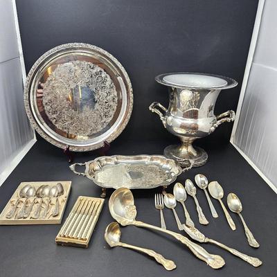 Assorted Silver Plate Serving Lot with Platter, Ice Bucket & Serving Utensils