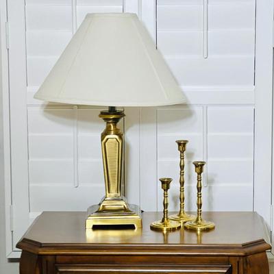 Vintage 24" Brass Table Lamp and Set of Three Brass Candlesticks
