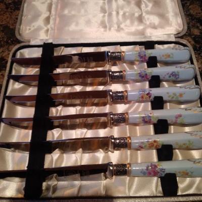 Sale Photo Thumbnail #39: Hand painted limoges boxed knife set sterling ferrels