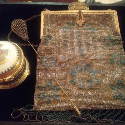 Antique beaded purse hatpins limoges box