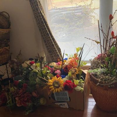 Faux Floral Arrangements with Baskets & Metal Containers