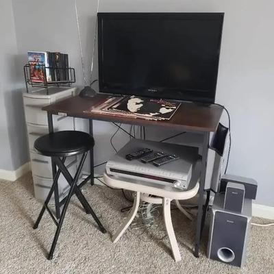 Dynex 32" Flat-Screen TV, Sony 2.1 Speaker System, Desk, and Media Accessories