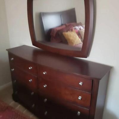 Dark Cherry Wood Dresser with Matching Mirror