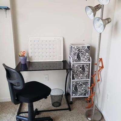 Glass-Top Desk, Office Chair, Storage Cart & Floor Lamp