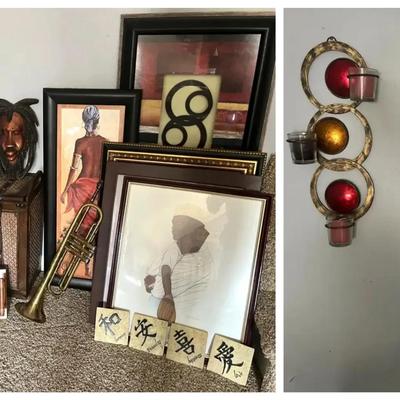 Decorative Collection Including End Tables, Framed Prints, and Metal Wall Art