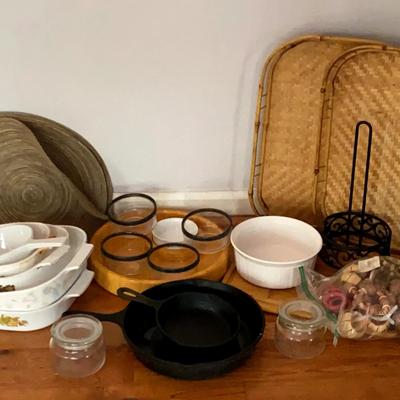 CorningWare Dishes, Cast Iron Skillets, Wood Trays, and Kitchen Accessories