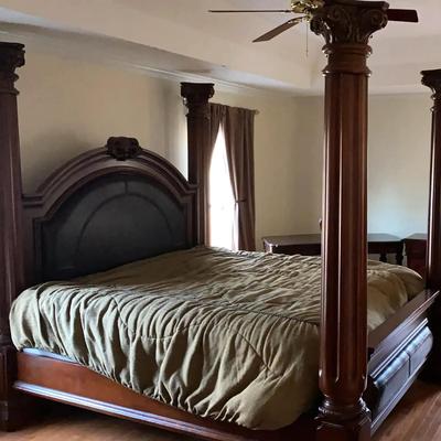 Carved Wooden Poster Bed Frame with St. Marks Euro Top Mattress