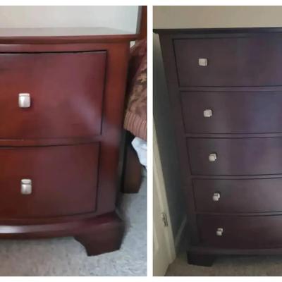 Dark Finish 5-Drawer Chest with Matching 2-Drawer Nightstand and Brushed Nickel Hardware