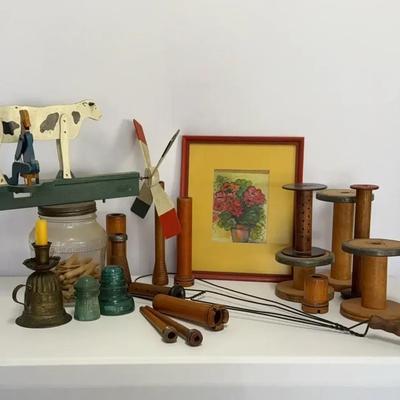 Vintage Jar With Wind Spinner Lid, Floral Art In Red Frame, Rug Beater, Vintage Wooden Spools/Bobbin