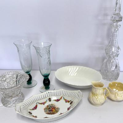 Collection Of Cut Glass, Glass, Flutes, balleek Cream And Sugar Dish , Johnson Bros Serving Dish