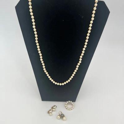 Costume Pearl Necklace,Earrings (2 Clip On Sets), Brooch