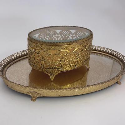 Vintage Brass Jewlery Box & Brass Toned Jewlery Tray 