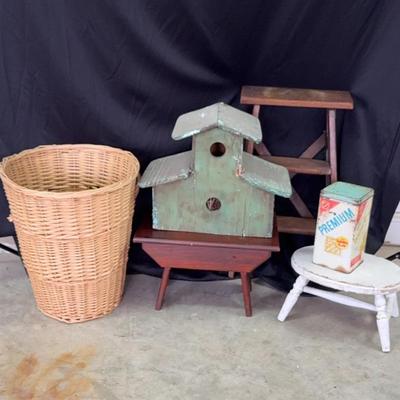 Step Ladder, Bird House, Wicker Basket (Missing One Handle), Cracker Tin, Wooden Footstool (2)