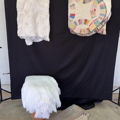 Vintage Linens, Double Wedding Ring Quilt, White Matelasse Coverlet, Crocheted Overlay, Rug, Yo-Yo