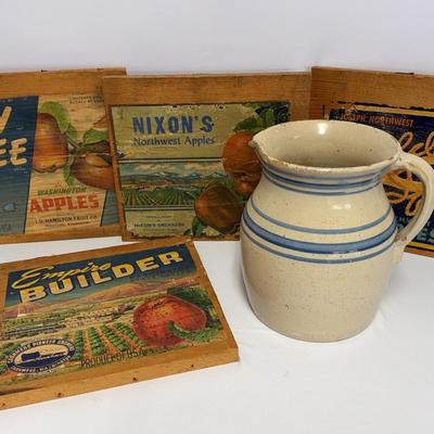 Set Of 4 Vintage Apple Wood Signs And Crock Pitcher