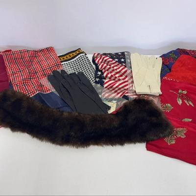 Collection Of Vintage Scarves, Leather Gloves And Mink Collar