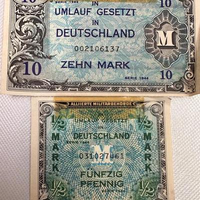 WWII 1944 Allied Military Currency (AMC) 10 Mark and 50 Pfennig Banknotes