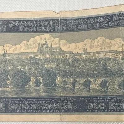 WWII 1940 Bohemia and Moravia 100 Korun Banknote - German Occupation Currency