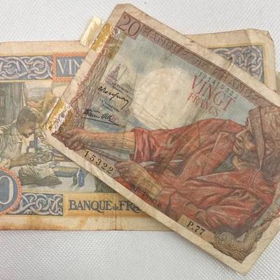 WWII Era French Banknotes, 20 Francs "Fisherman" and  "Science and Labor" (1941–1943)