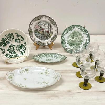 Green botanical serving dishes and stemware