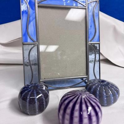 Shades Of Blue Glass Decor- Frame And Paperweights