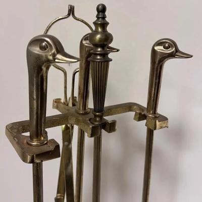 Vintage brass duck handled fireplace set