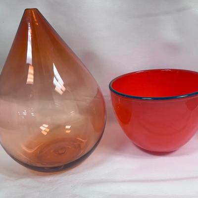 Signed Glass Bowl And Decorative Vase Orange & Red
