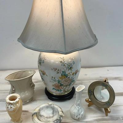 Floral print statement lamp and tabletop decor