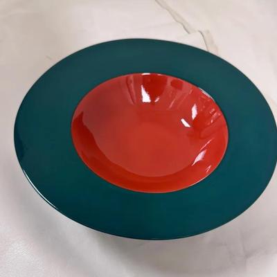 Signed pottery bowl black glaze green w orange interior