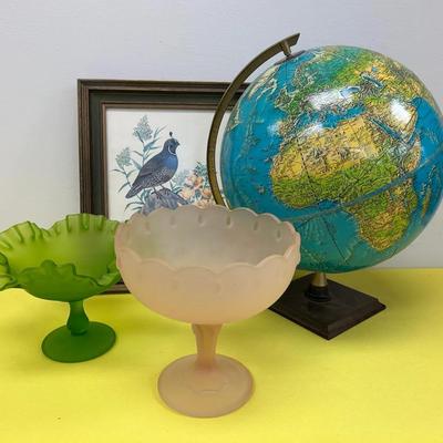 Pretty shelf stuff frosted glass, globe, picture