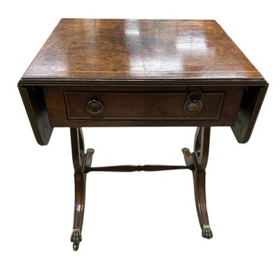 Small antique English Regency burl walnut two-drawer drop leaf sofa table