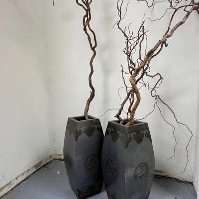 Pair of metal asian inspired grey decorative vases
